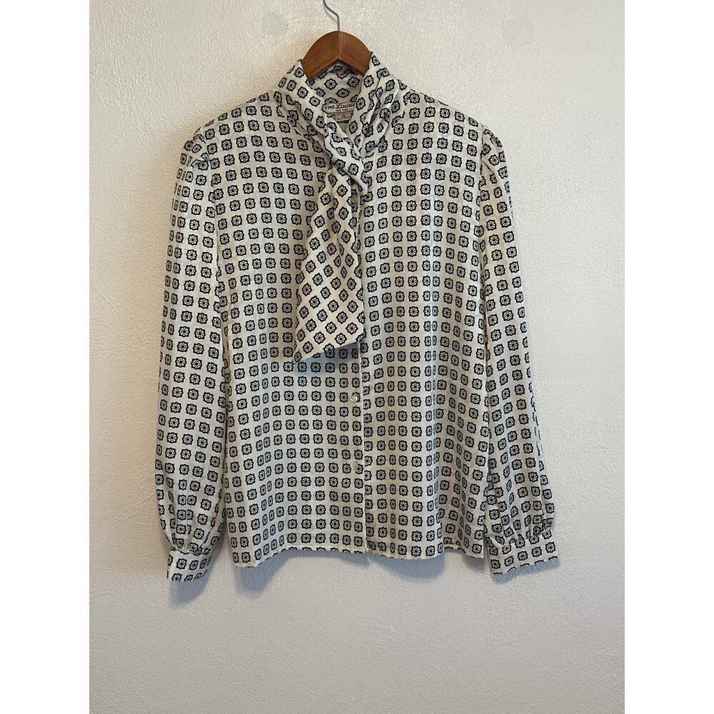 Vintage Eva Laurel Necktie Blouse 10 Black White 70s Mod Retro Classic Classy